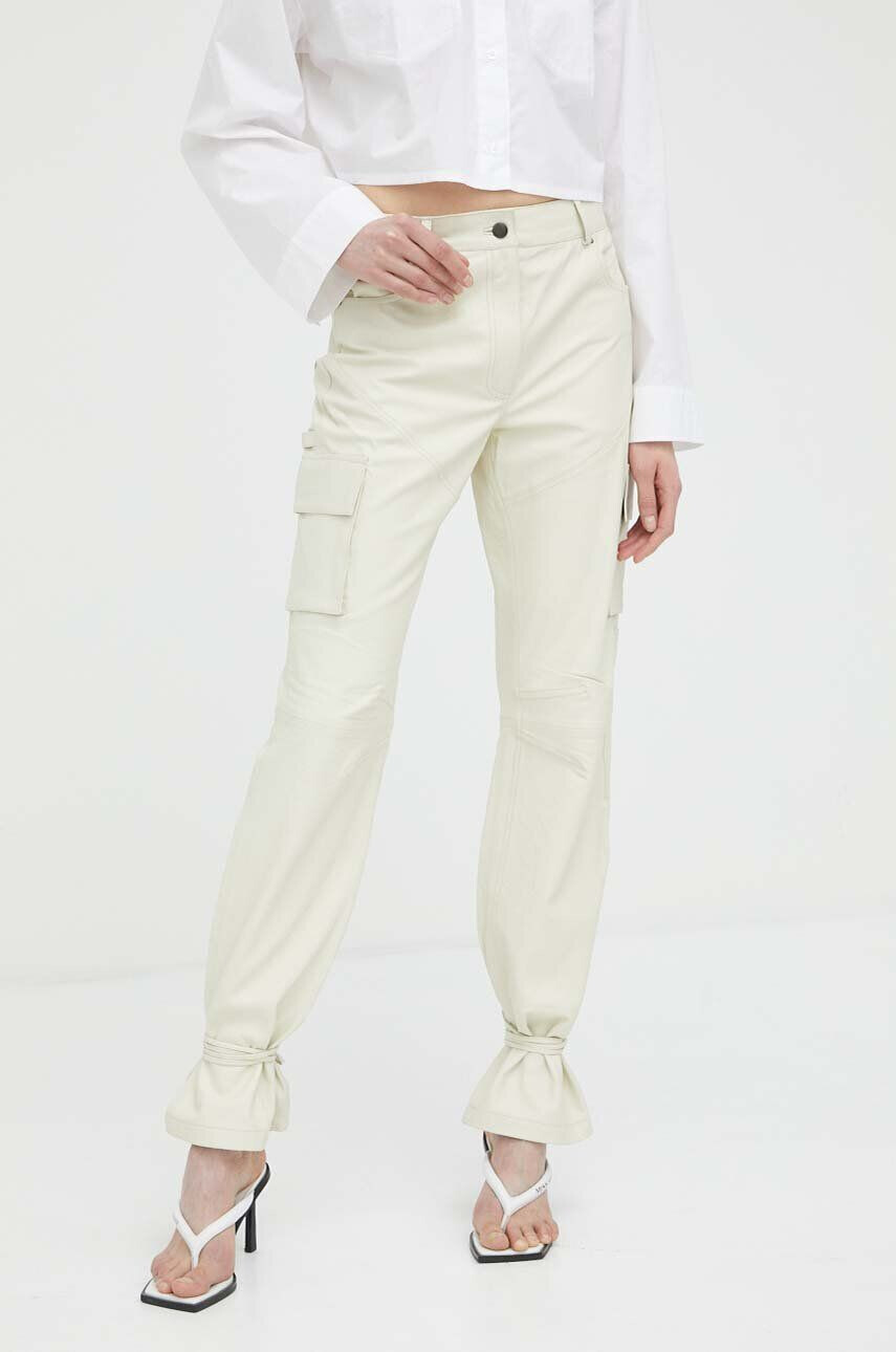 Herskind pantaloni de piele Trisa femei culoarea bej drept high waist - Pled.ro