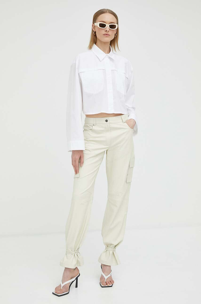 Herskind pantaloni de piele Trisa femei culoarea bej drept high waist - Pled.ro