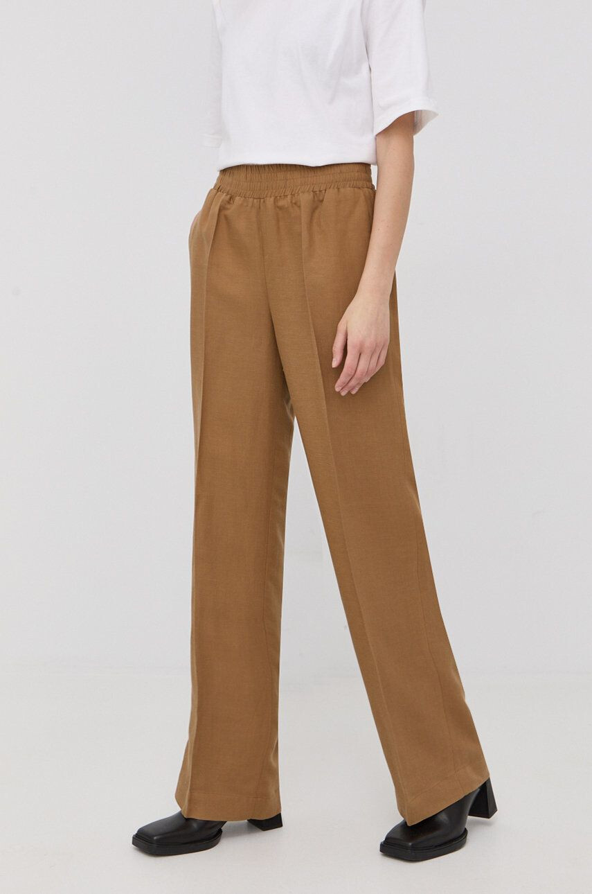 Herskind pantaloni din amestec de in femei culoarea maro lat high waist - Pled.ro