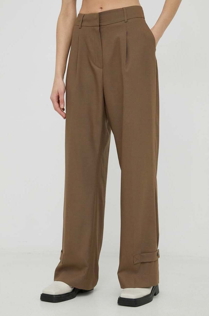 Herskind pantaloni din lana Logan femei culoarea maro lat high waist - Pled.ro