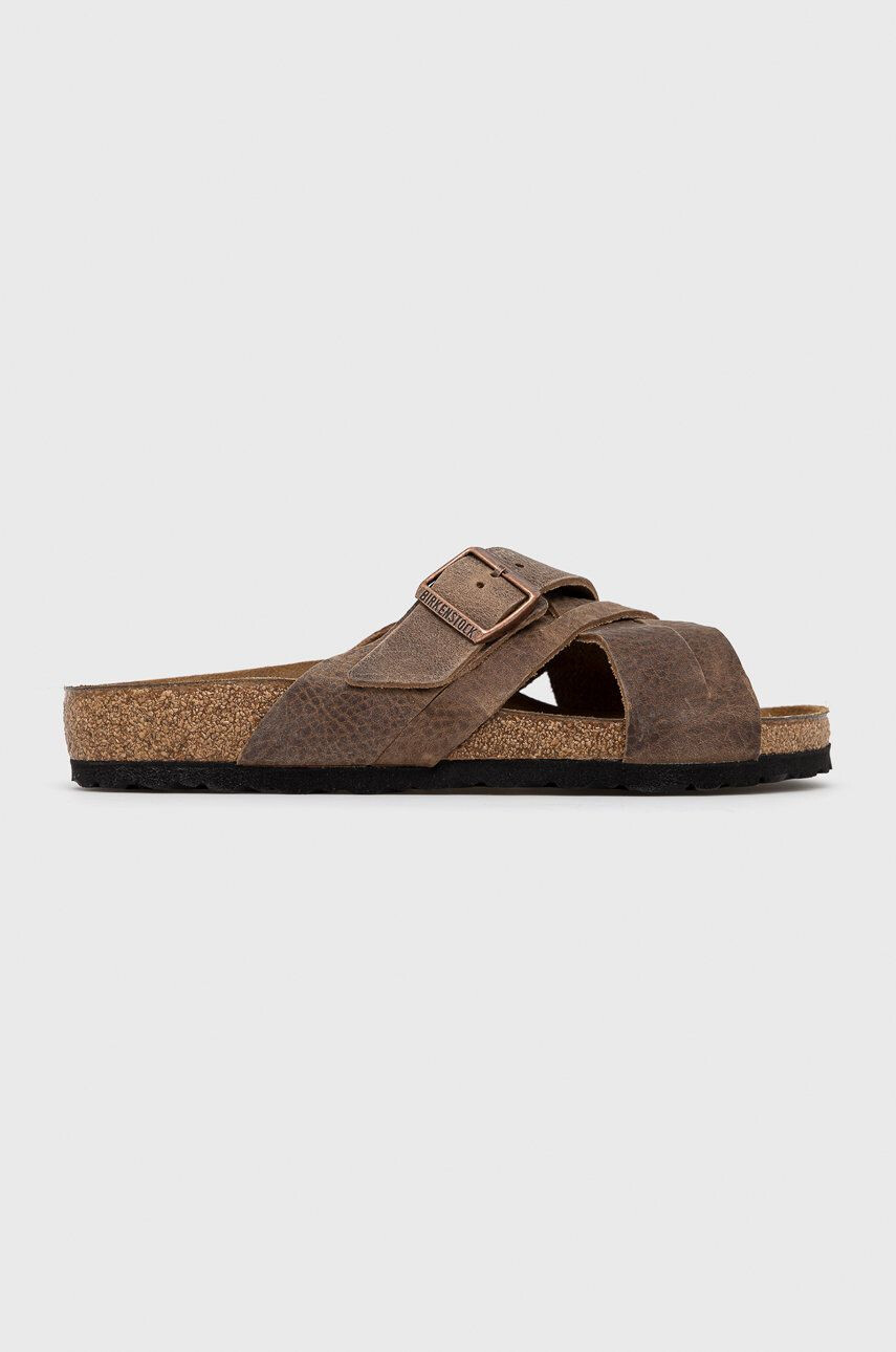 Birkenstock papuci din piele Lugano barbati culoarea maro - Pled.ro