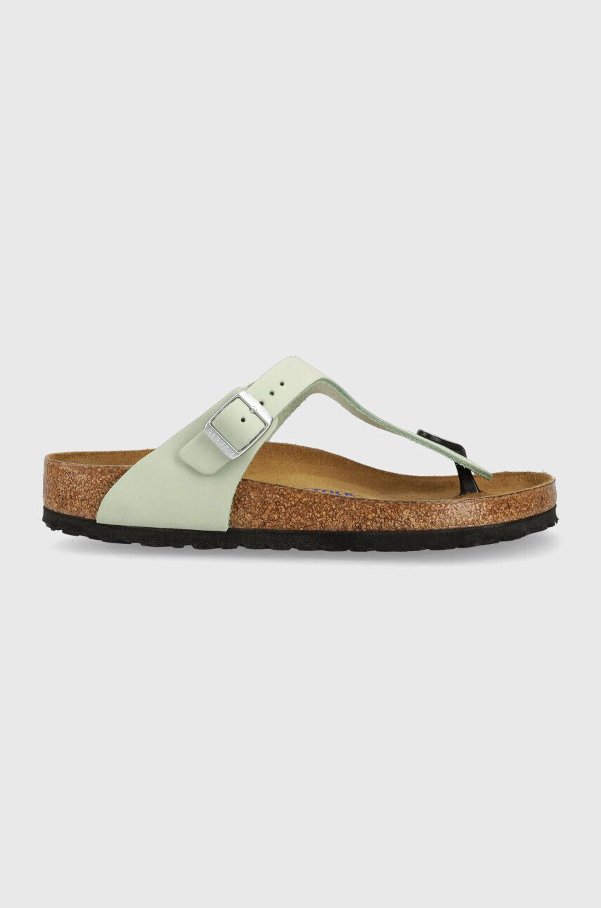 Birkenstock șlapi din piele întoarsă Gizeh SFB femei culoarea verde cu toc plat 1023973-pgreen - Pled.ro