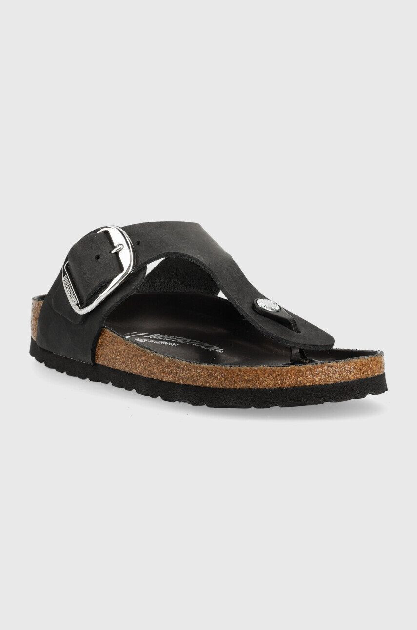 Birkenstock slapi din piele intoarsa Gizeh Big Buckle femei culoarea negru cu toc plat - Pled.ro