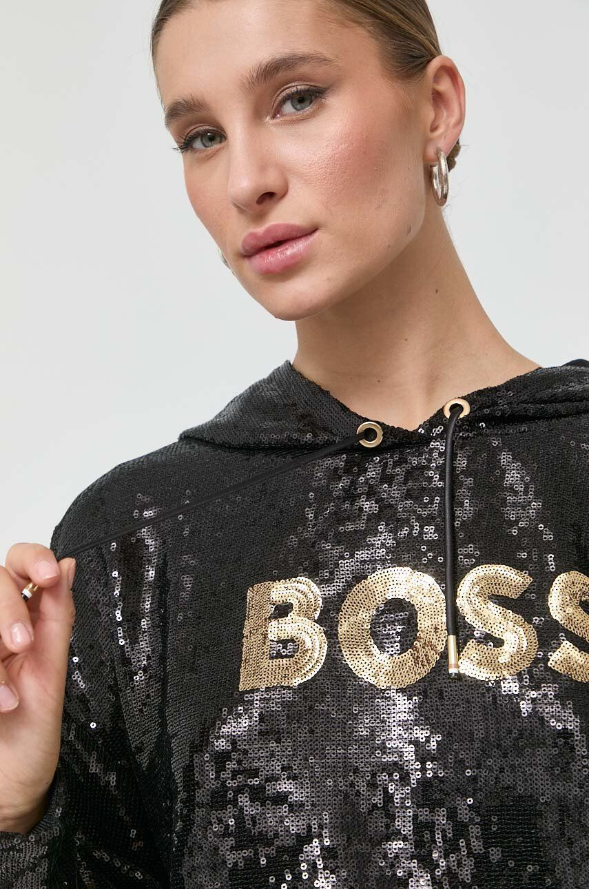 Boss bluza femei culoarea negru cu glugă cu imprimeu - Pled.ro