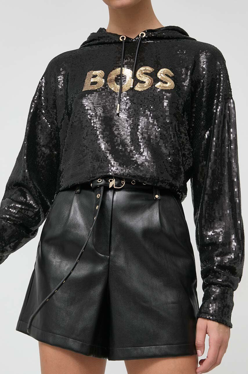 Boss bluza femei culoarea negru cu glugă cu imprimeu - Pled.ro