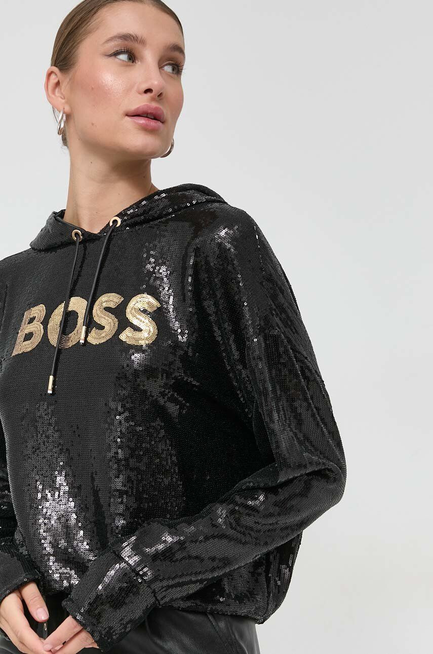 Boss bluza femei culoarea negru cu glugă cu imprimeu - Pled.ro