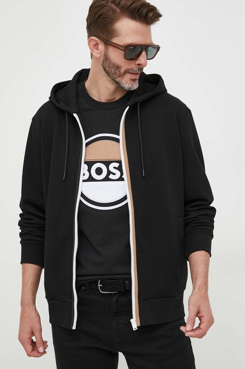 Boss bluza femei culoarea negru cu glugă cu imprimeu - Pled.ro