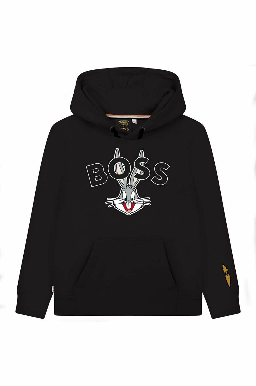 Boss bluza copii culoarea negru cu glugă cu imprimeu - Pled.ro