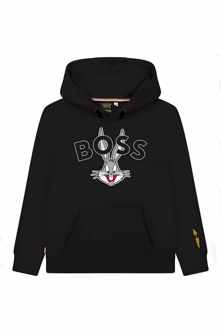 Boss bluza copii x Looney Tunes culoarea negru cu glugă cu imprimeu - Pled.ro