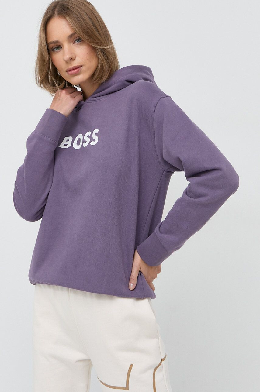 Boss hanorac de bumbac femei culoarea violet cu glugă cu imprimeu - Pled.ro