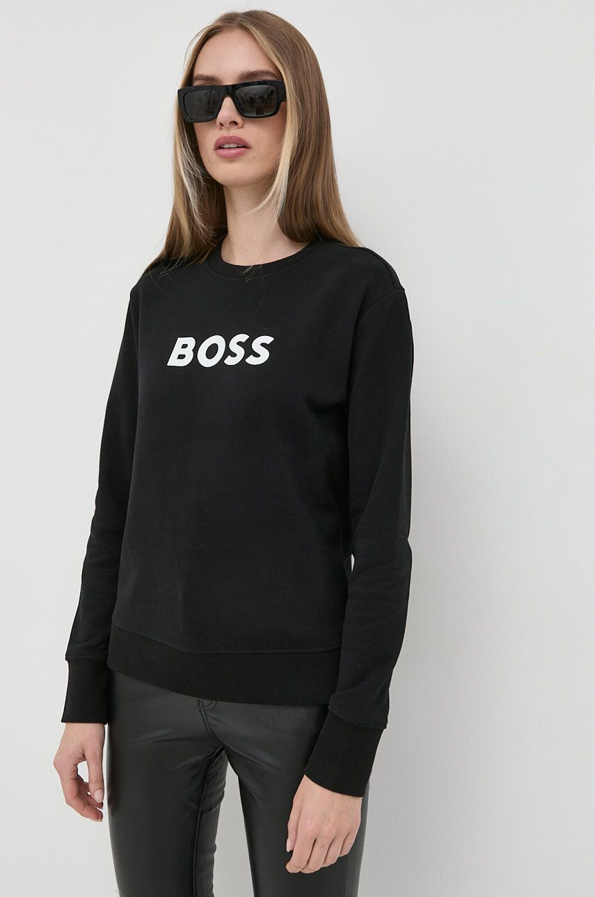 Boss hanorac de bumbac femei culoarea negru cu imprimeu - Pled.ro