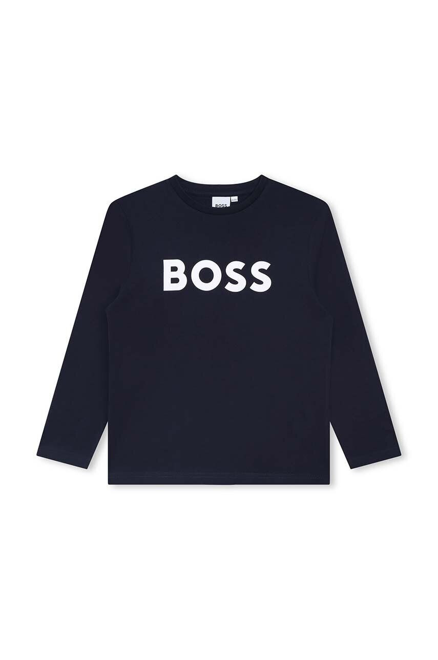 Boss longsleeve din bumbac pentru copii culoarea albastru marin cu imprimeu - Pled.ro