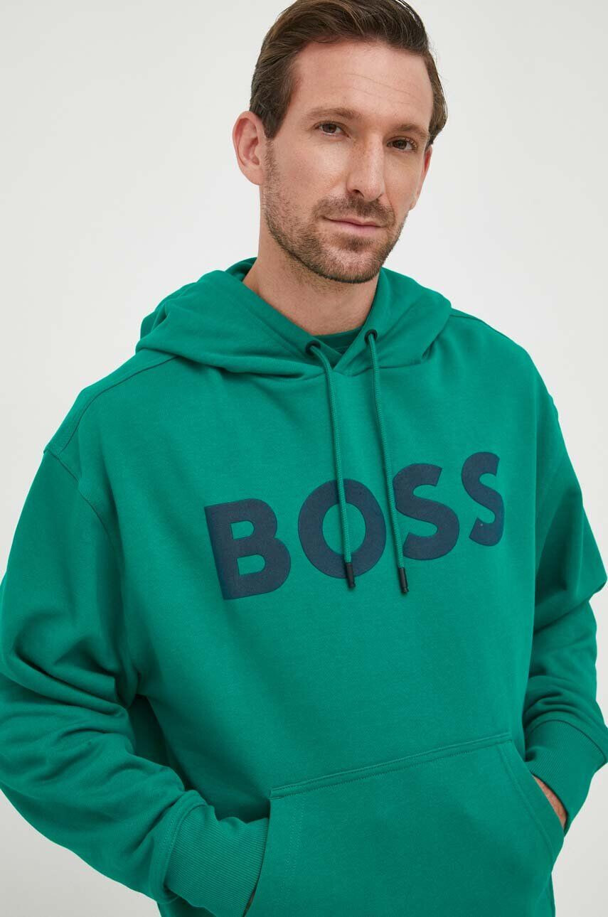 Boss Orange BOSS hanorac de bumbac barbati culoarea verde cu glugă cu imprimeu - Pled.ro