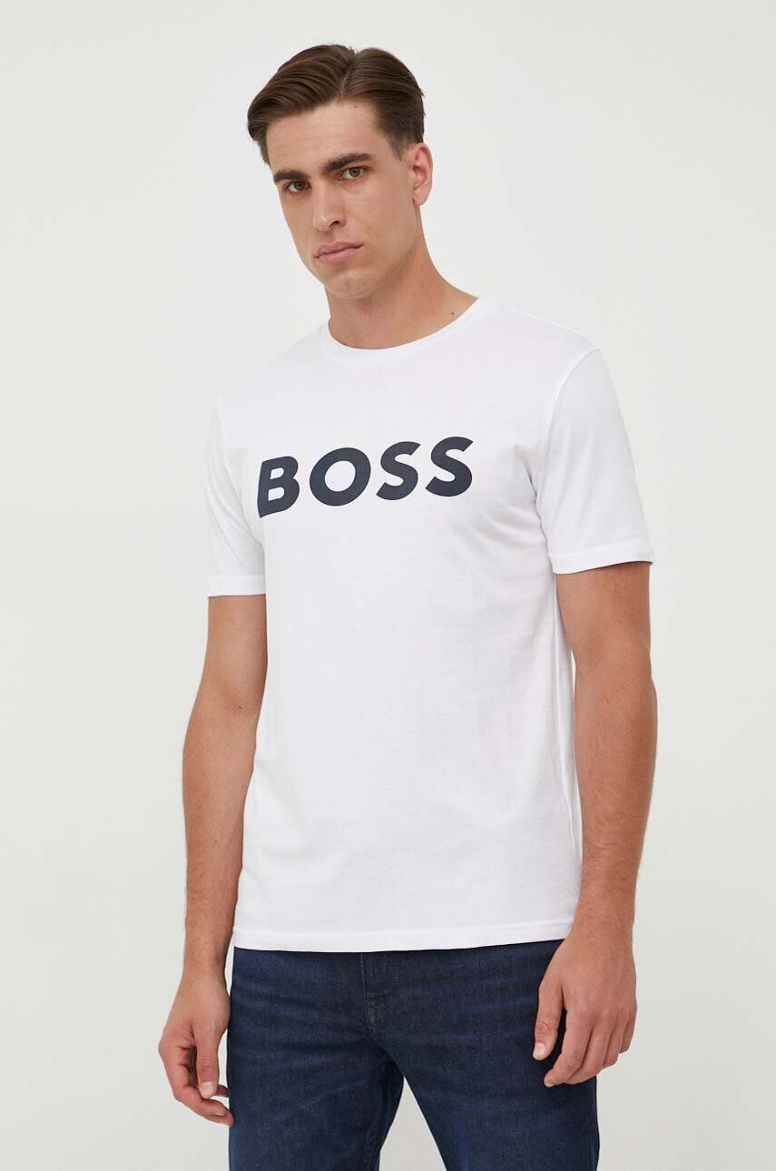 Boss Orange BOSS tricou din bumbac BOSS CASUAL barbati culoarea bej cu imprimeu - Pled.ro