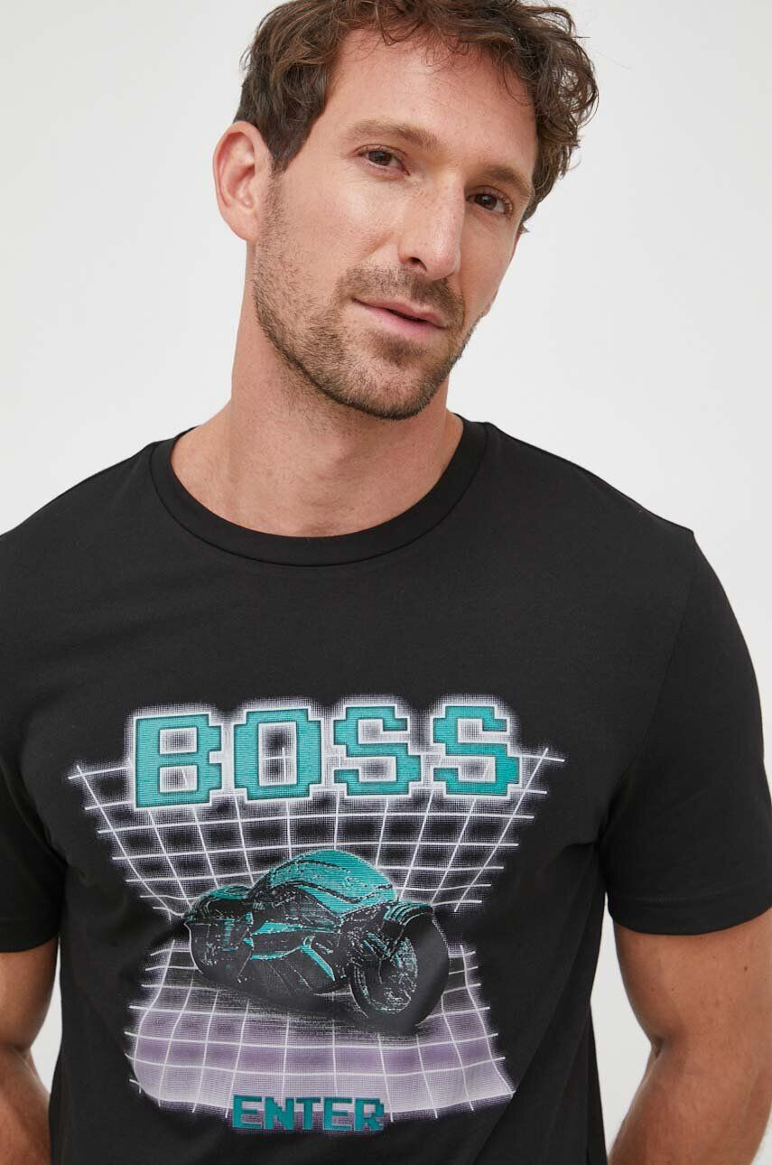 Boss Orange tricou din bumbac culoarea negru cu imprimeu - Pled.ro