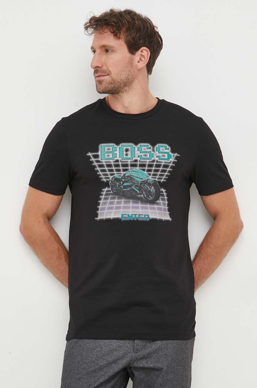 Boss Orange tricou din bumbac culoarea negru cu imprimeu - Pled.ro