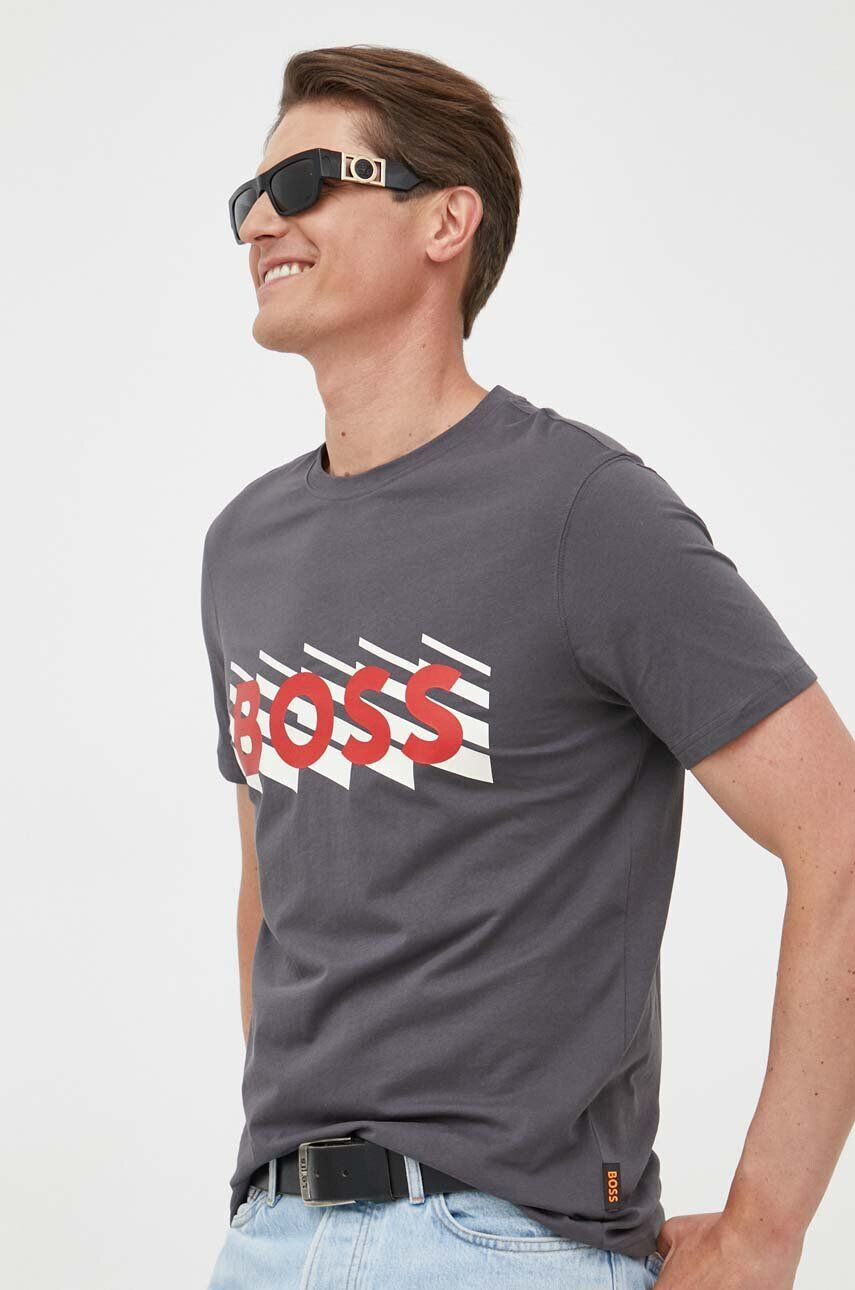 Boss Orange tricou din bumbac culoarea gri cu imprimeu - Pled.ro