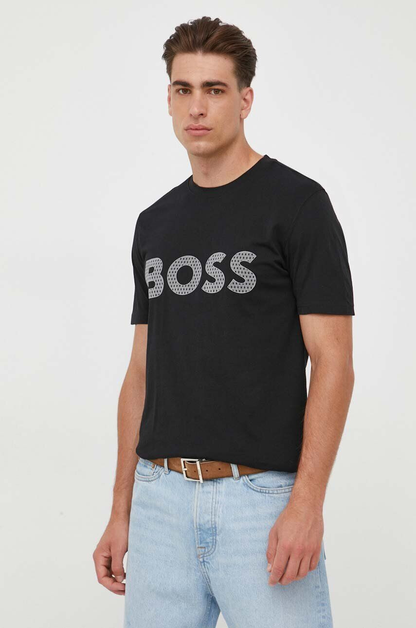 Boss Orange tricou din bumbac culoarea negru cu imprimeu - Pled.ro