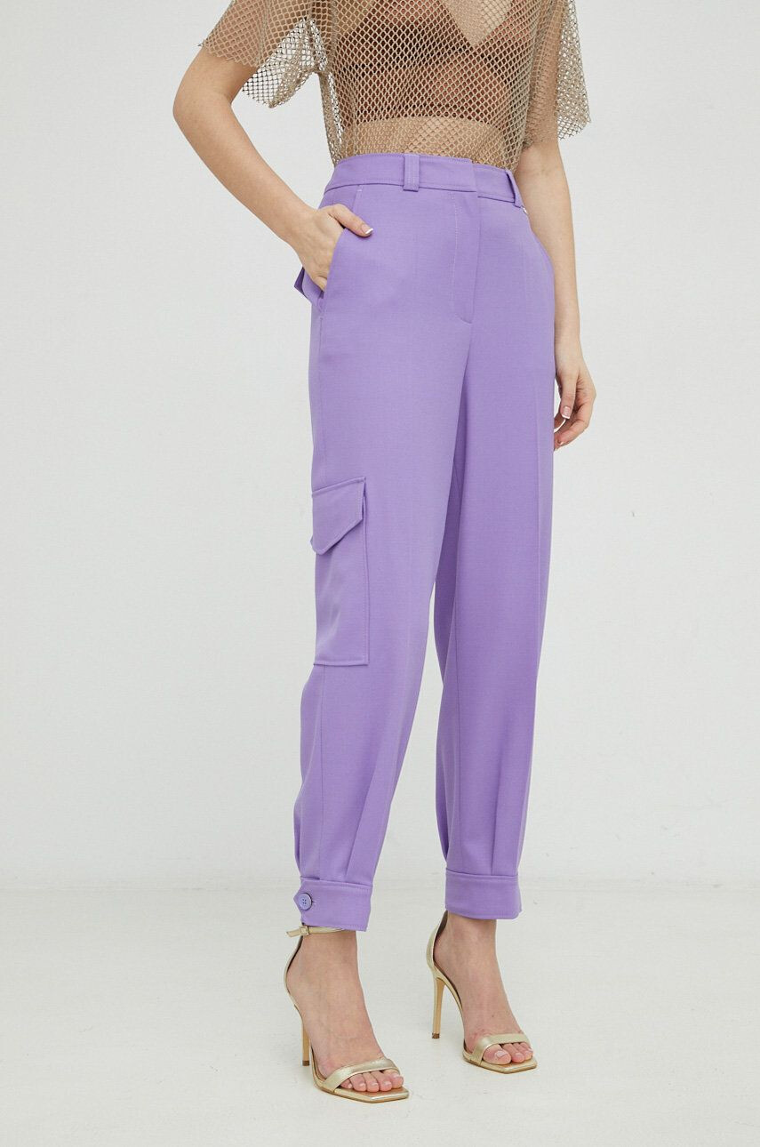 Boss pantaloni de lana femei culoarea violet drept high waist - Pled.ro