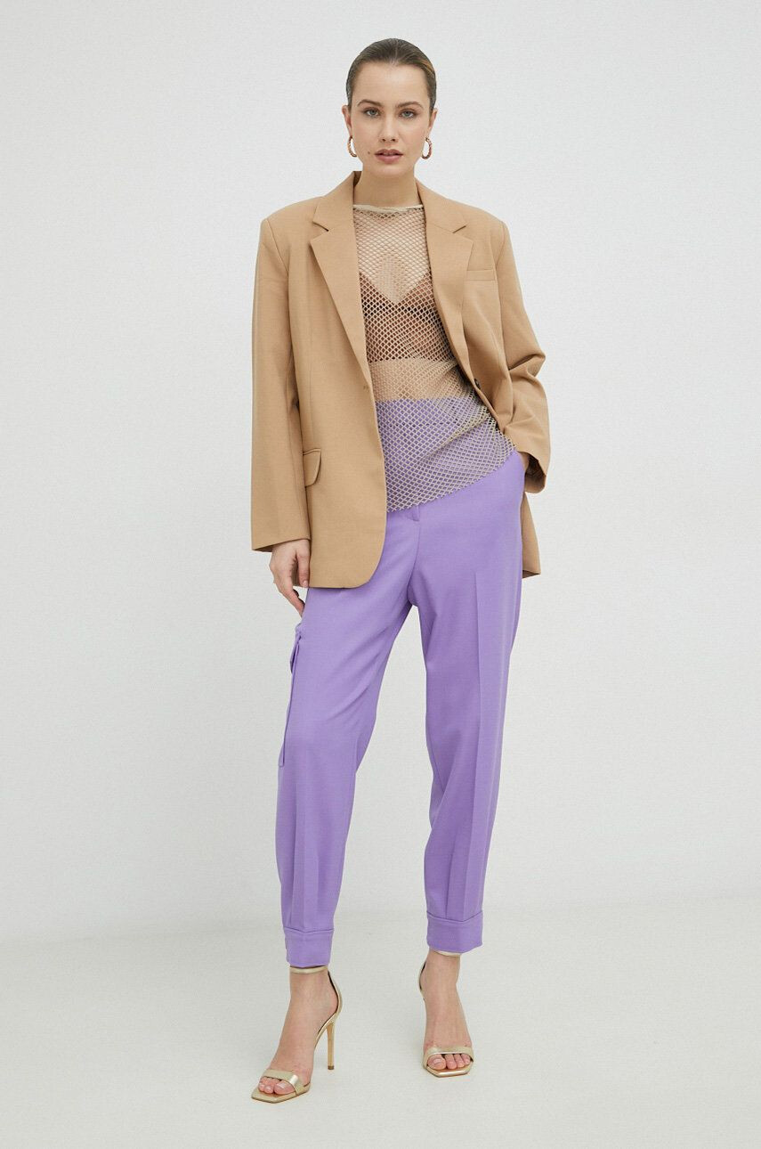 Boss pantaloni de lana femei culoarea violet drept high waist - Pled.ro