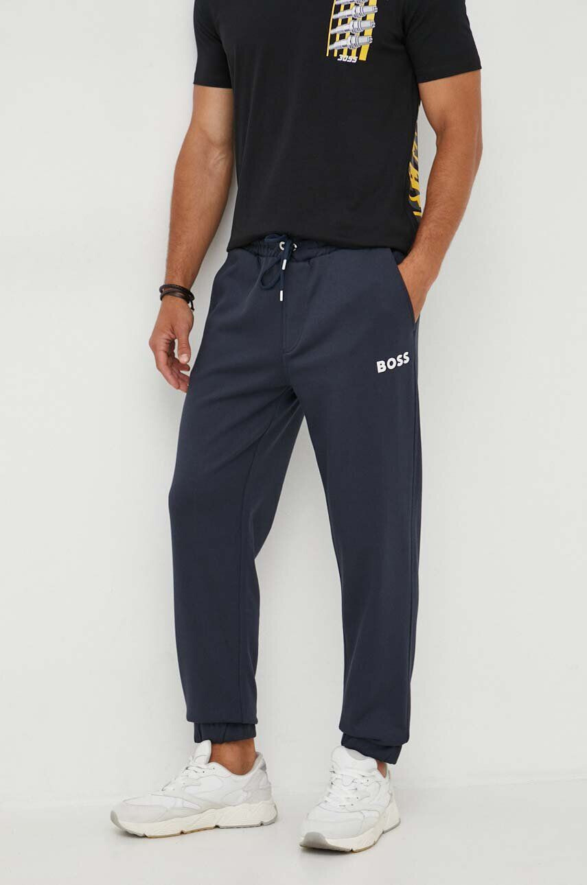 Boss pantaloni de trening din bumbac culoarea albastru marin cu imprimeu - Pled.ro