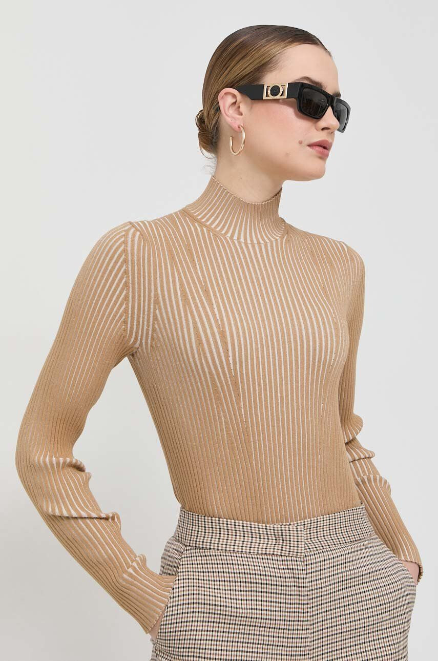 Boss pulover femei culoarea maro light cu turtleneck - Pled.ro