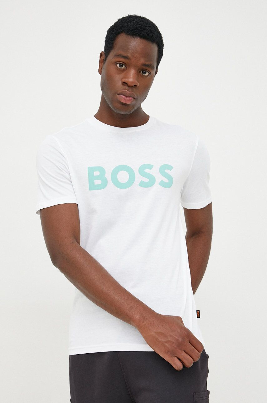 Boss Orange BOSS tricou din bumbac Boss Casual culoarea bej cu imprimeu - Pled.ro