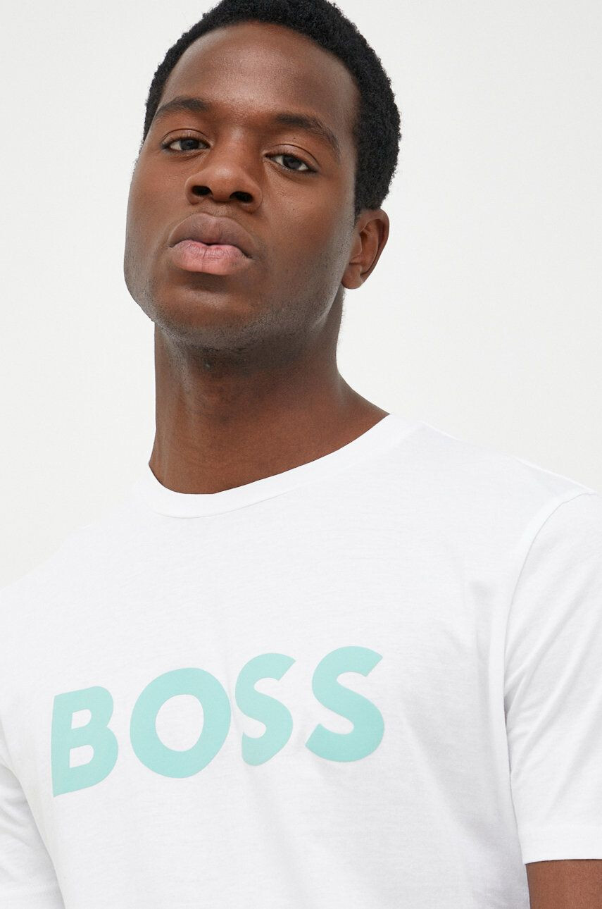 Boss Orange BOSS tricou din bumbac Boss Casual culoarea bej cu imprimeu - Pled.ro