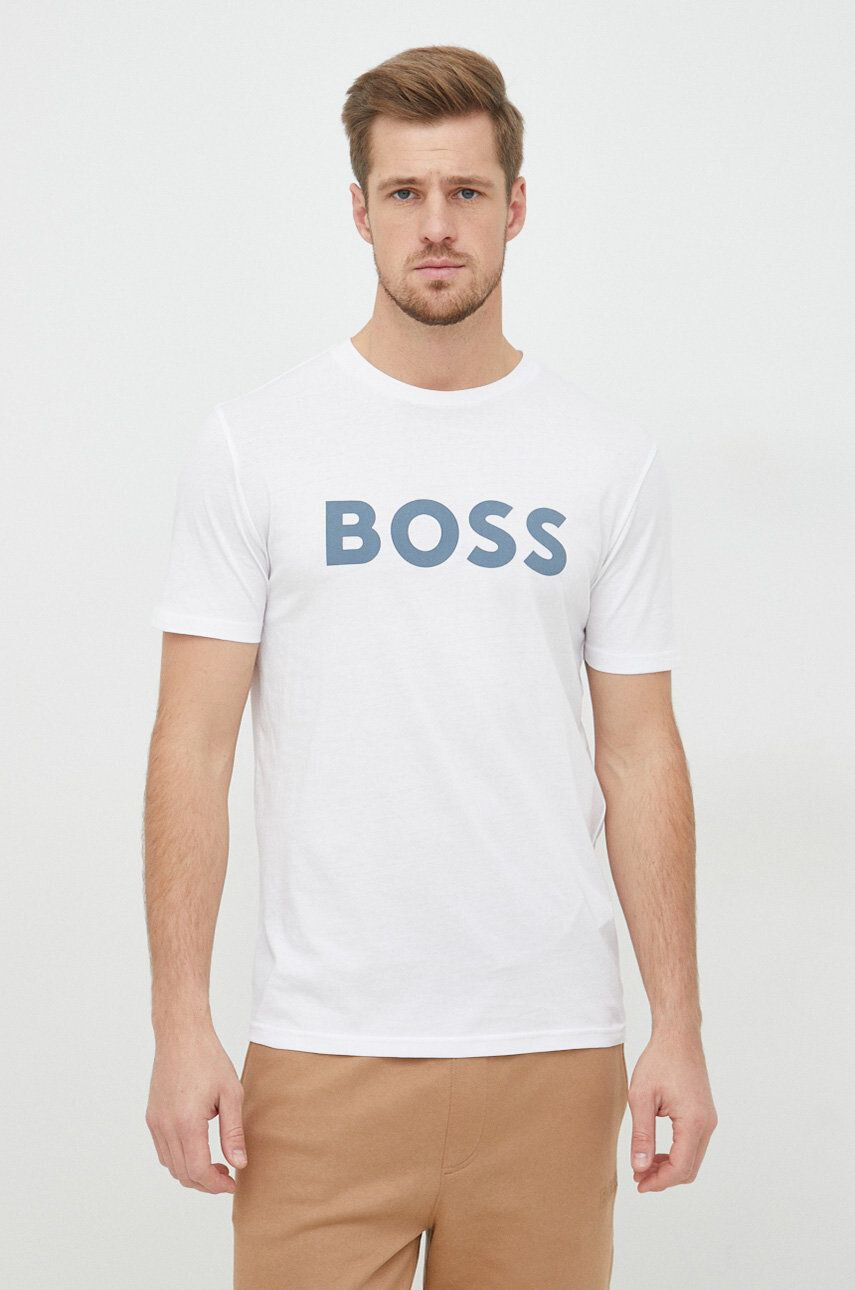 Boss Orange BOSS tricou din bumbac Boss Casual culoarea alb cu imprimeu - Pled.ro