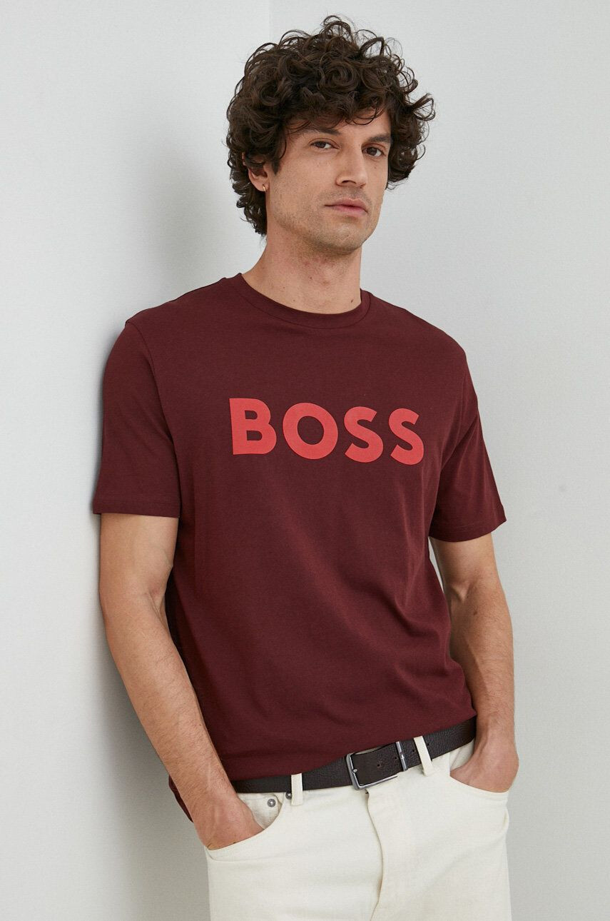 Boss Orange BOSS tricou din bumbac BOSS CASUAL barbati culoarea bordo cu imprimeu - Pled.ro