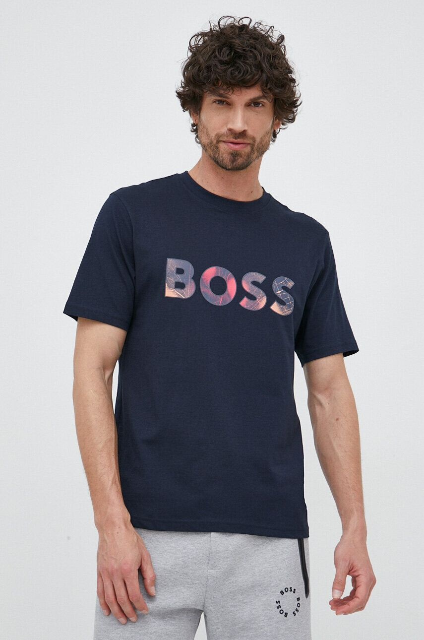 Boss Orange BOSS tricou din bumbac culoarea albastru marin cu imprimeu - Pled.ro