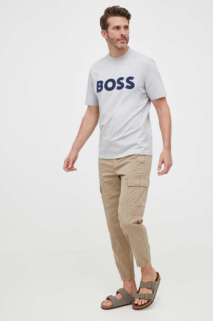 Boss Orange BOSS tricou din bumbac culoarea gri cu imprimeu - Pled.ro