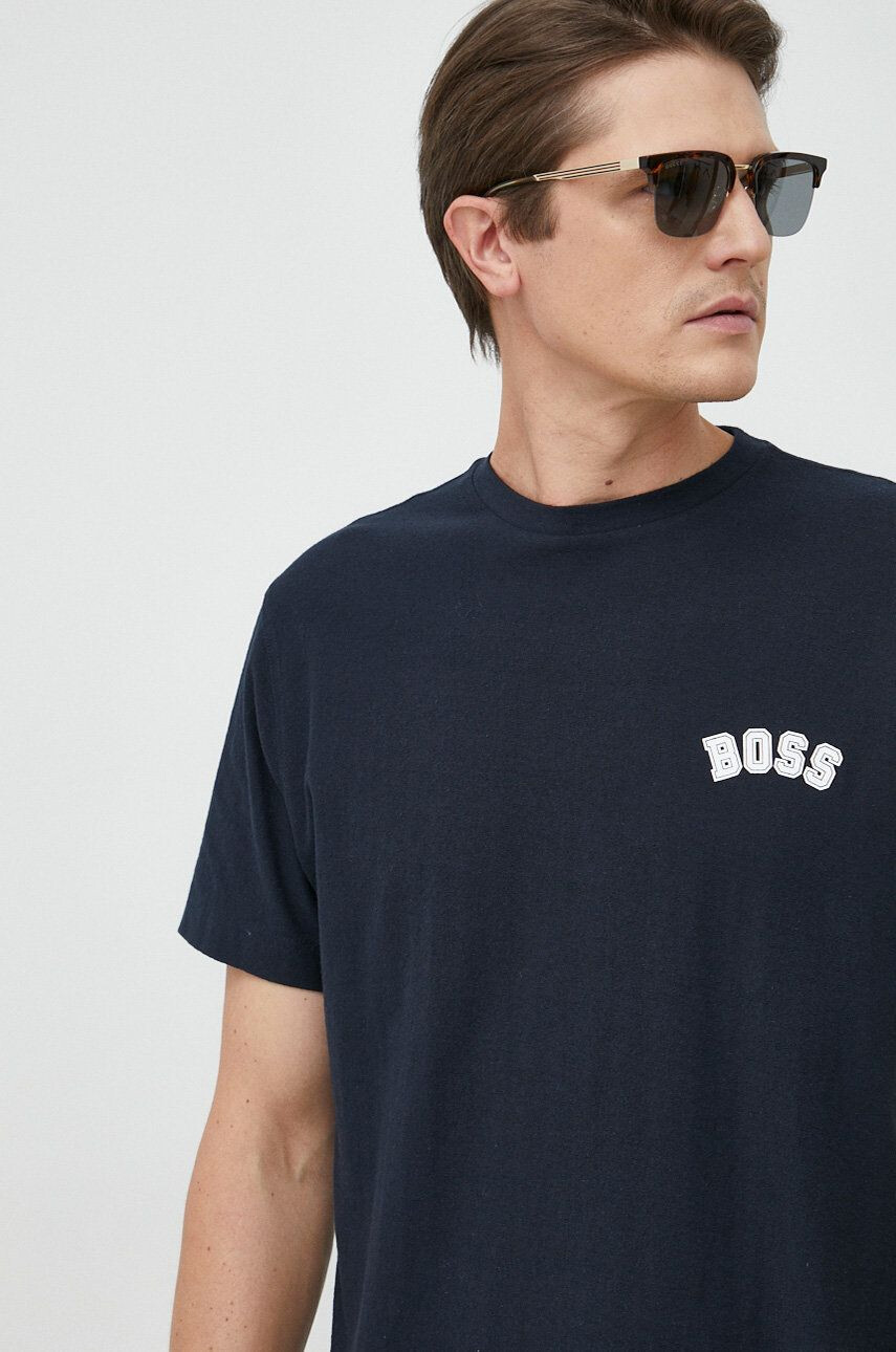 Boss Orange BOSS tricou din bumbac culoarea albastru marin cu imprimeu - Pled.ro