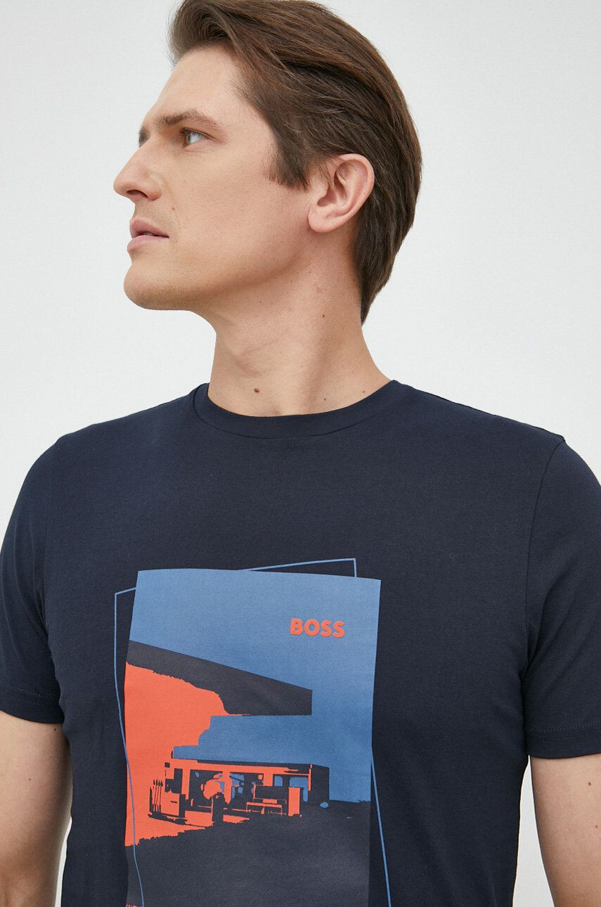 Boss Orange BOSS tricou din bumbac culoarea albastru marin cu imprimeu - Pled.ro