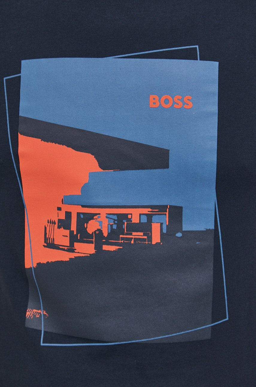 Boss Orange BOSS tricou din bumbac culoarea albastru marin cu imprimeu - Pled.ro