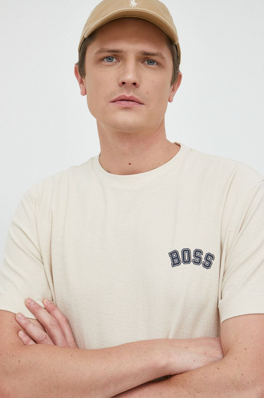 Boss Orange BOSS tricou din bumbac culoarea bej cu imprimeu - Pled.ro