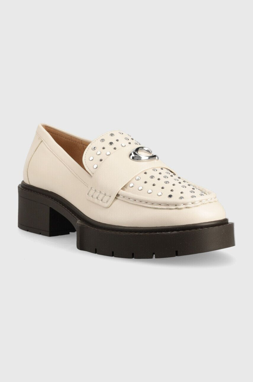 Coach mocasini de piele Ce309 Leela Stud Leather femei culoarea bej cu platforma - Pled.ro