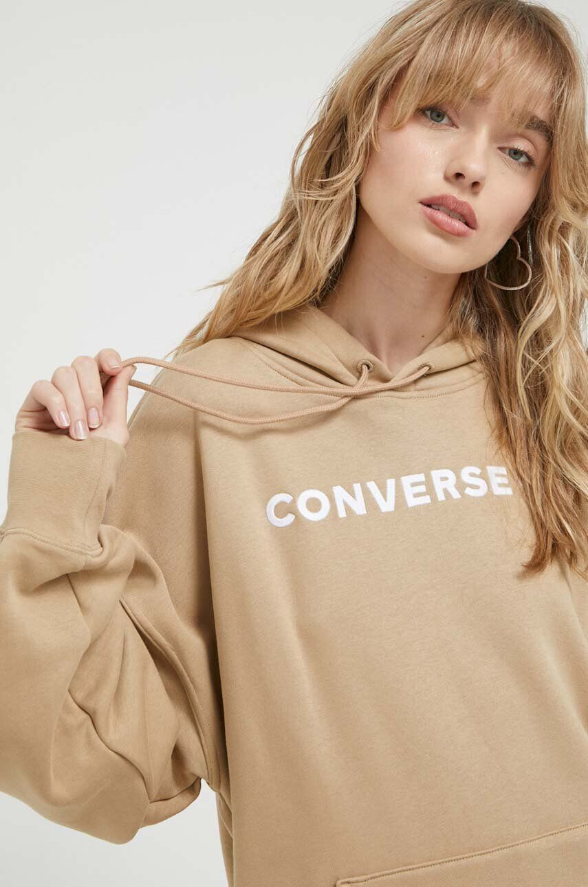 Converse bluza femei culoarea bej cu glugă cu imprimeu - Pled.ro