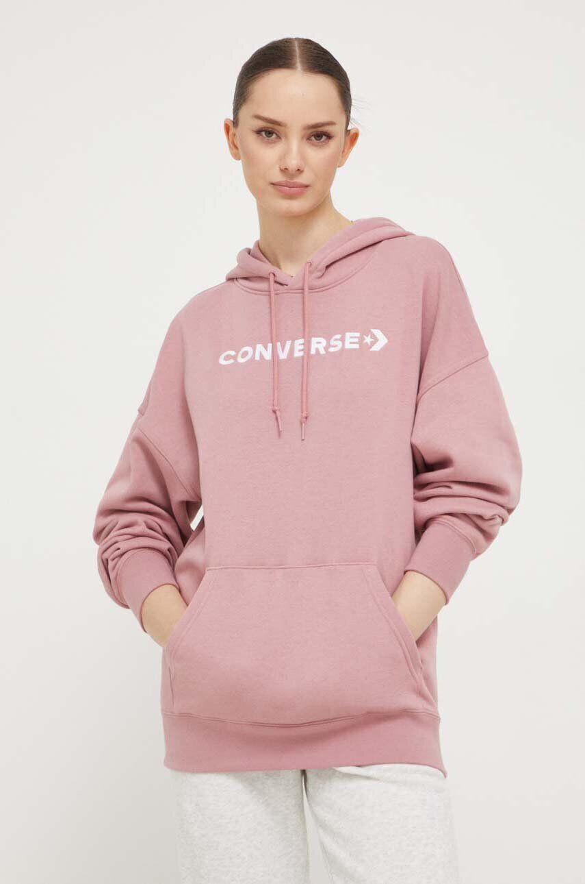 Converse bluza femei culoarea roz cu glugă cu imprimeu - Pled.ro