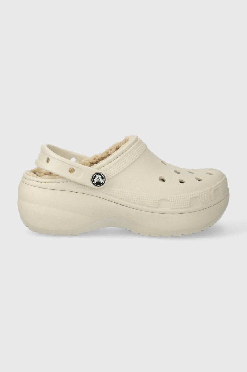 Crocs papuci Classic Platform Lined Clog femei culoarea bej cu platforma 207938 - Pled.ro