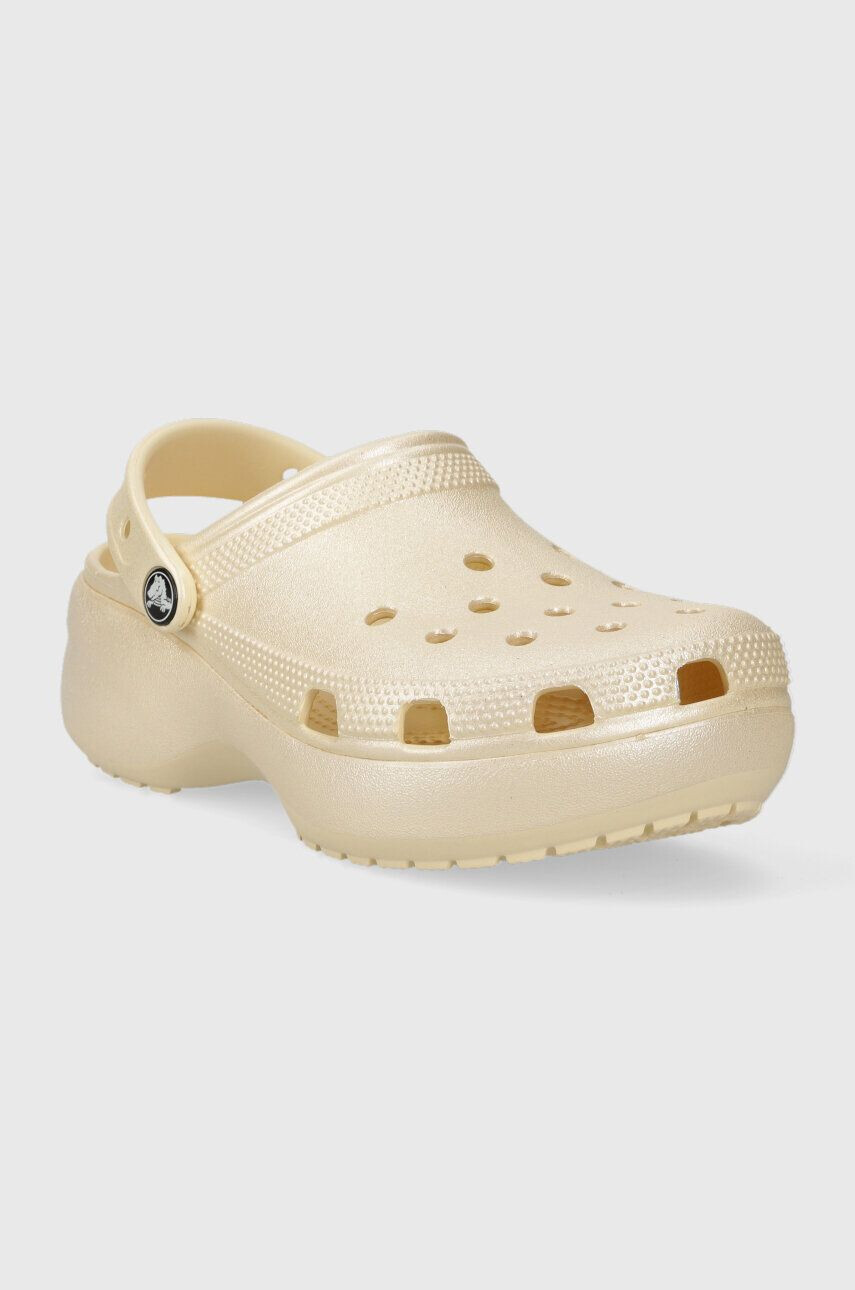 Crocs papuci CLASSIC PLATFORM SHIMMER CLOG femei culoarea bej cu platforma 208590 - Pled.ro