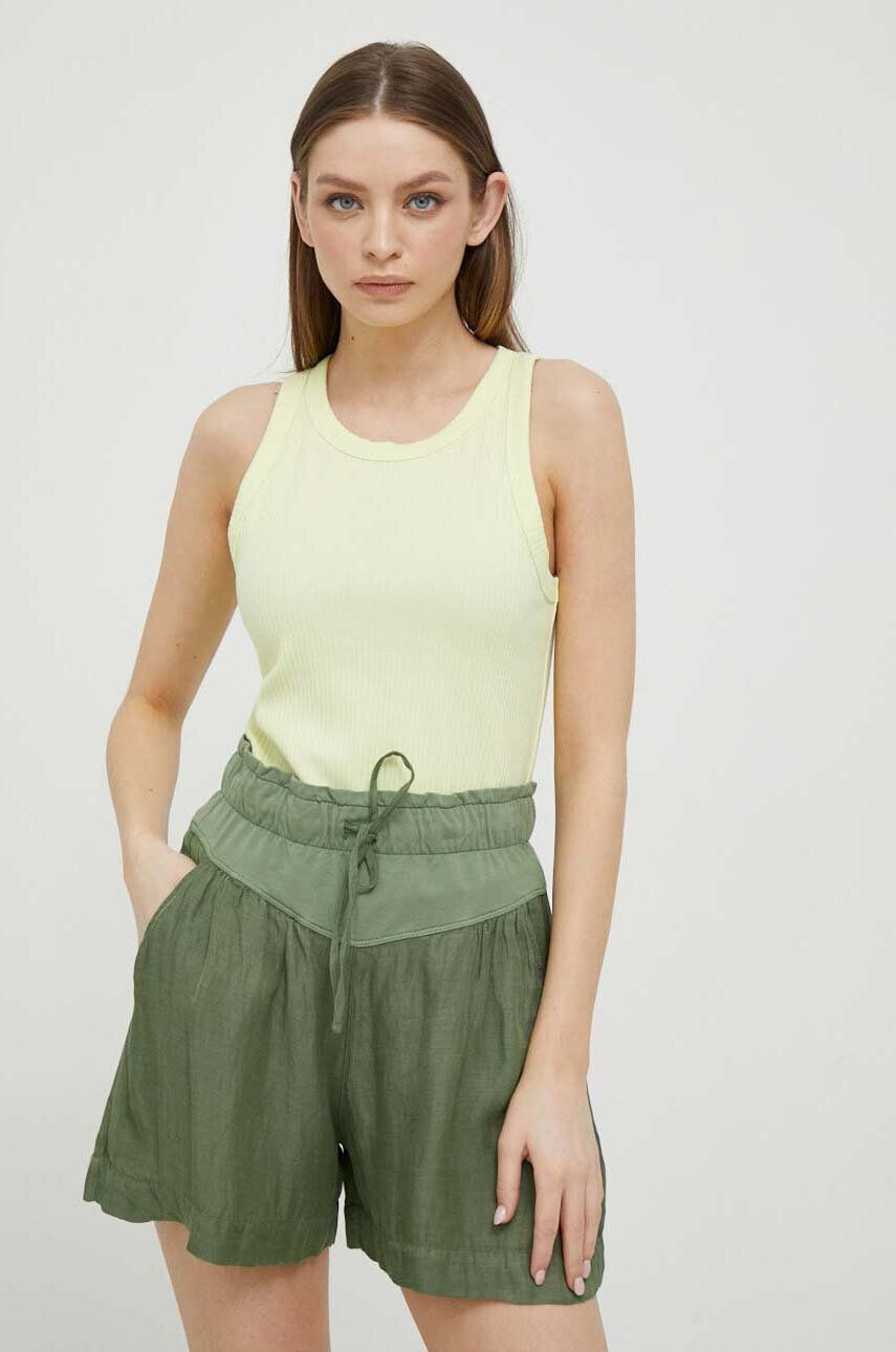 Deha pantaloni scurți din amestec de in culoarea verde neted high waist - Pled.ro