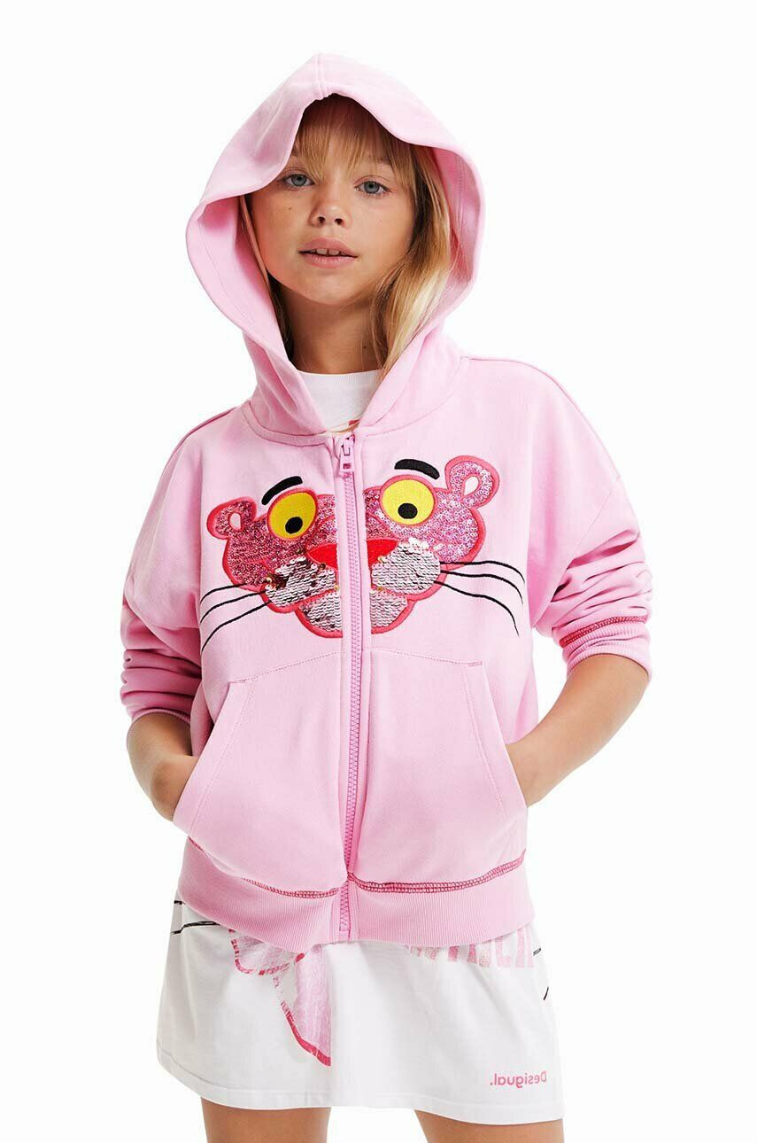 Desigual hanorac de bumbac pentru copii Pink Panther culoarea roz cu glugă cu imprimeu - Pled.ro