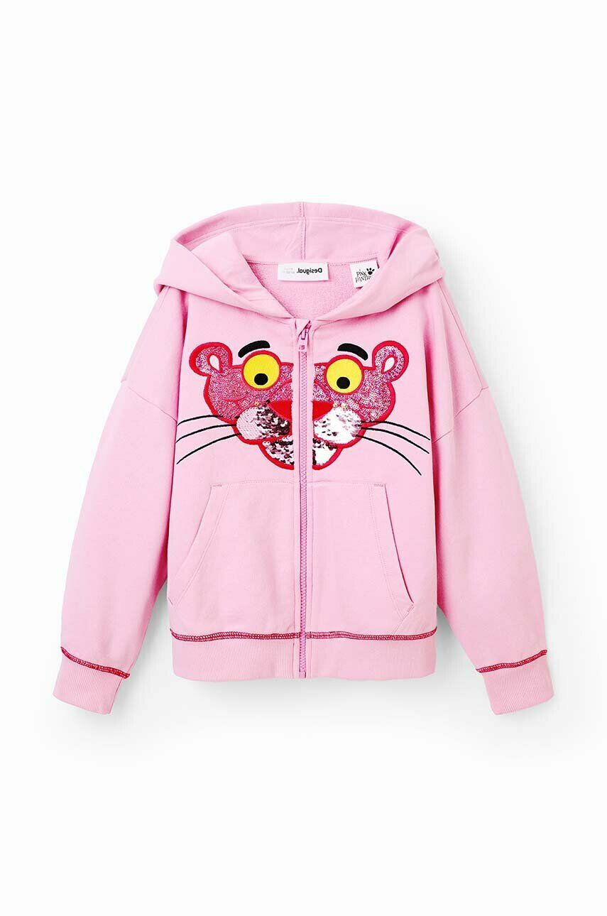 Desigual hanorac de bumbac pentru copii Pink Panther culoarea roz cu glugă cu imprimeu - Pled.ro