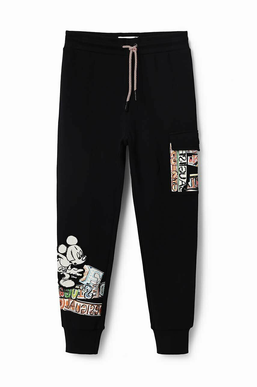 Desigual pantaloni de trening din bumbac pentru copii Disney's Mickey Mouse culoarea negru cu imprimeu - Pled.ro