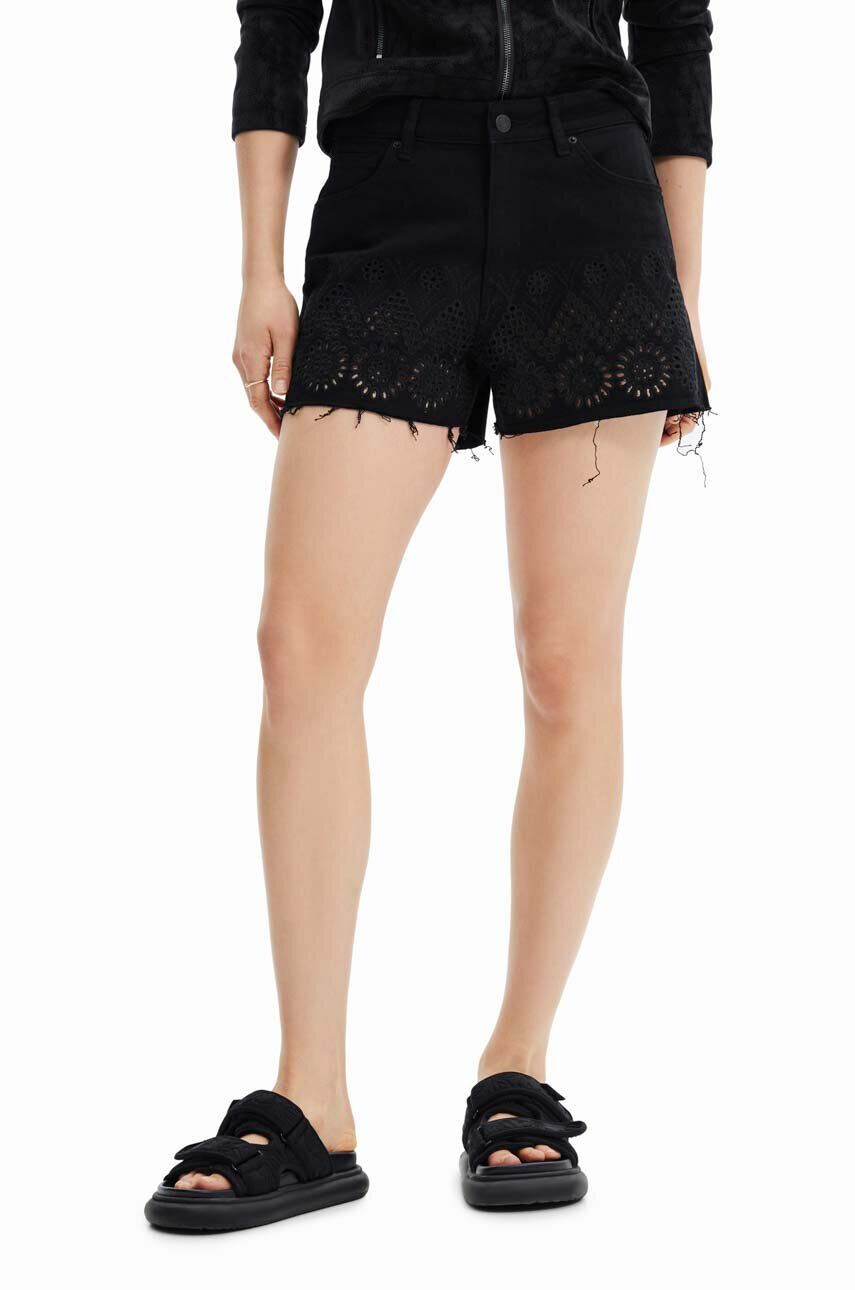 Desigual pantaloni scurti jeans femei culoarea negru neted medium waist - Pled.ro