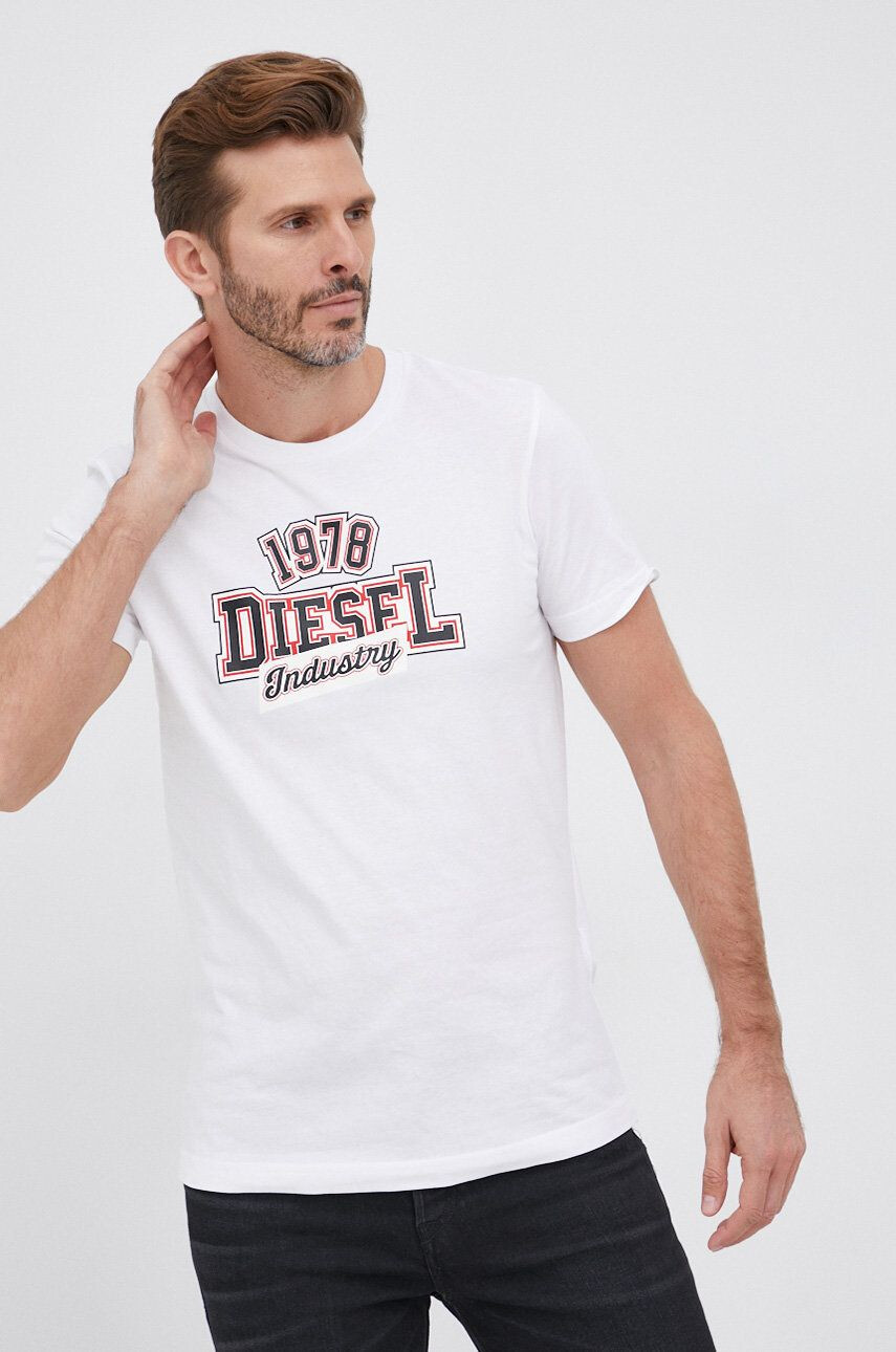 Diesel Tricou din bumbac culoarea alb cu imprimeu - Pled.ro