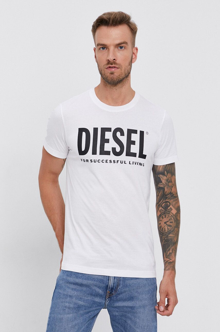 Diesel Tricou din bumbac culoarea alb cu imprimeu - Pled.ro