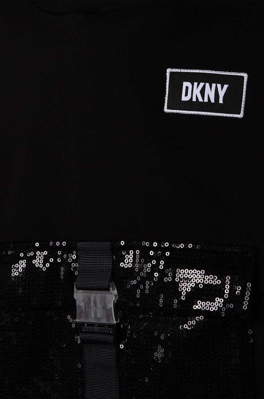 DKNY bluza copii culoarea negru cu glugă cu imprimeu - Pled.ro