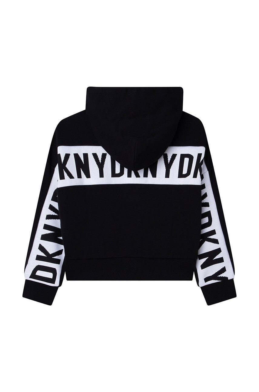 DKNY bluza copii culoarea negru cu glugă cu imprimeu - Pled.ro